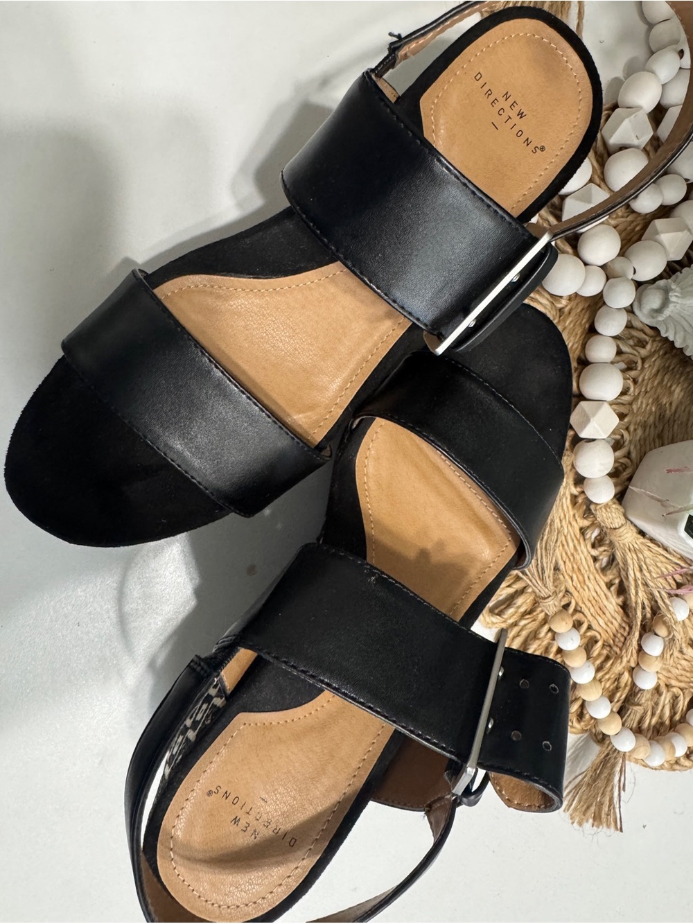 new directions Black Wide Buckle Strap Sandals